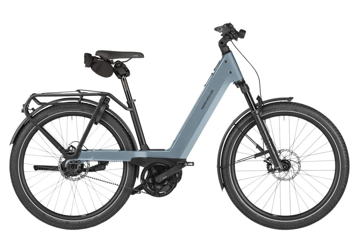Riese Und Muller Nevo5 rohloff Kiox500 800Wh voordrager met tas Ice Blue N14